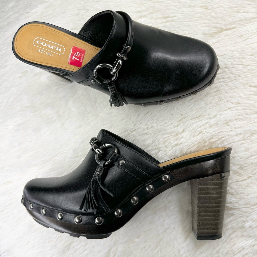 Coach Shasha black leather studded clogs 7.5 platform tassel edgy mules slip on